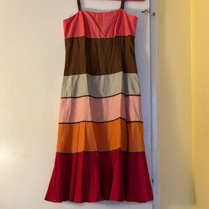 BCBGMaxAzria Strapless Colorblock Midi Dress in Pink, Brown, Gray, Orange & Red